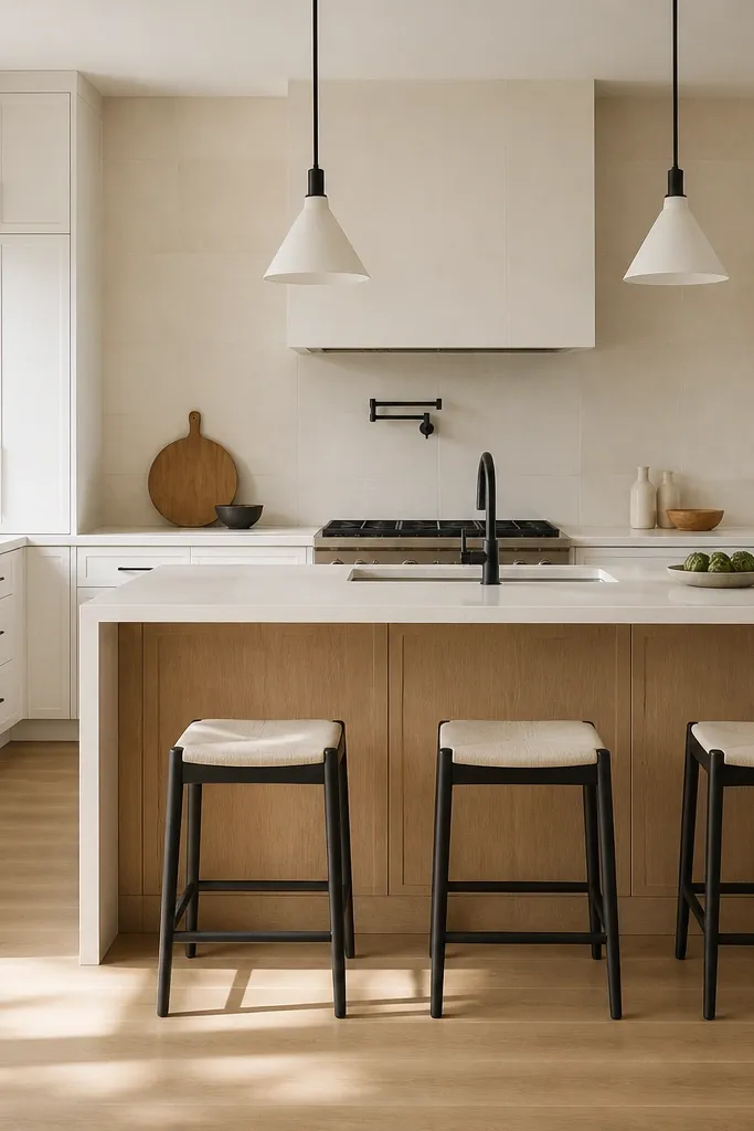 A kitchen layout showing white perimeter cabinetry and a standout rift white oak island. The island has a waterfall quartz or solid-surface edge over the front panel. The backsplash is a large-format cream tile with minimal grout lines, and the hardware is matte black.
