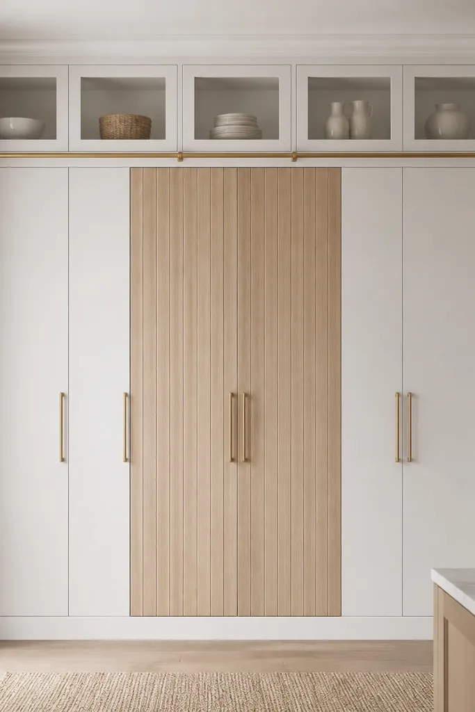 A pantry wall where tall storage cabinets are white, but the central sections show rift white oak vertical panel doors. The rest of the wall is flush white cabinetry with concealed hinges. A narrow brass rail and small glass-front sections sit above.