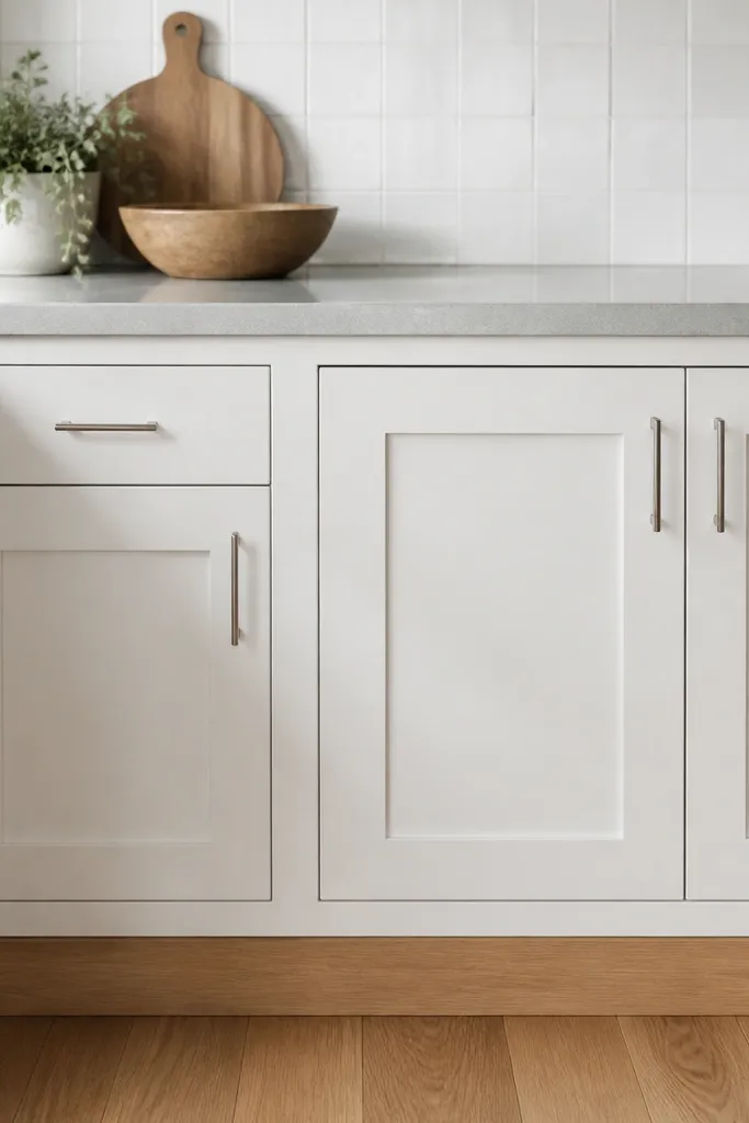 Close-up view of white shaker cabinet doors with a rift white oak toe-kick and base trim. The countertop is light gray quartz. The backsplash is white ceramic tile. Hardware is brushed nickel, and the floor is medium oak or warm wood.