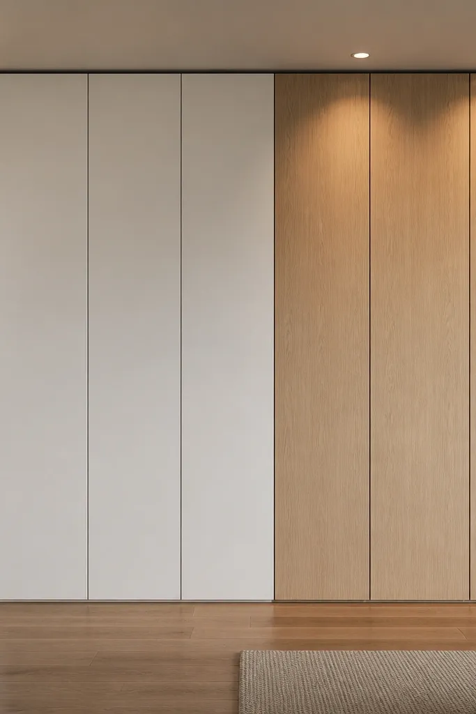 A wall of ceiling-height cabinetry with flat-panel white doors on the left and rift white oak doors on the right. The ceiling-height run has a thin shadow gap at the top. Recessed lights wash the oak doors.