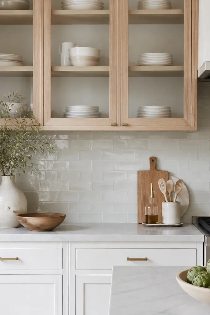 A kitchen with white upper cabinets and glass-front doors that have rift white oak frames. The lower cabinets are white. A light wood shelf inside holds white dishes. The backsplash is a pale greenish-white tile with a subtle sheen.
