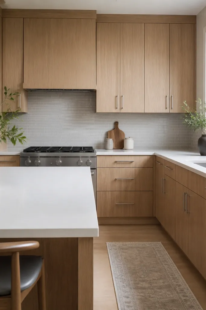 Rift white oak cabinets fill most of the kitchen with a white quartz countertop. The backsplash is a light gray, small-format tile. Hardware is satin chrome, and there's a clean white window trim.