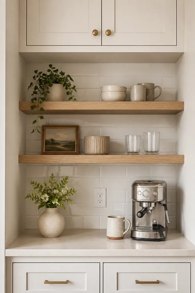 A coffee nook under upper cabinets: white cabinetry with open rift oak shelves. There are two small drawers below and a built-in outlet centered. The backsplash is white tile, and the countertop is light cream.