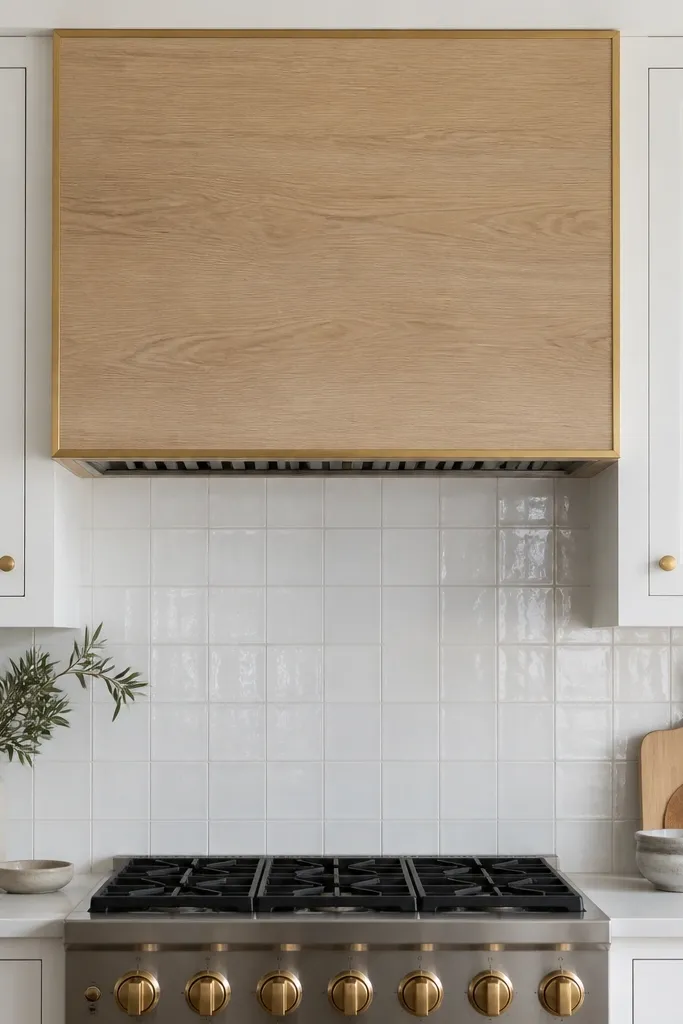 A range hood with a rift white oak surround panel framed by a thin brass line. Surrounding cabinets are matte white. The backsplash is glossy white tile with light gray grout.