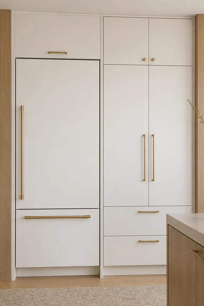 A built-in refrigerator surrounded by white cabinets with rift white oak end panels on both sides. The cabinet layout has a tall pantry section next to the fridge. Hardware is brushed brass and the cabinet faces are flush.
