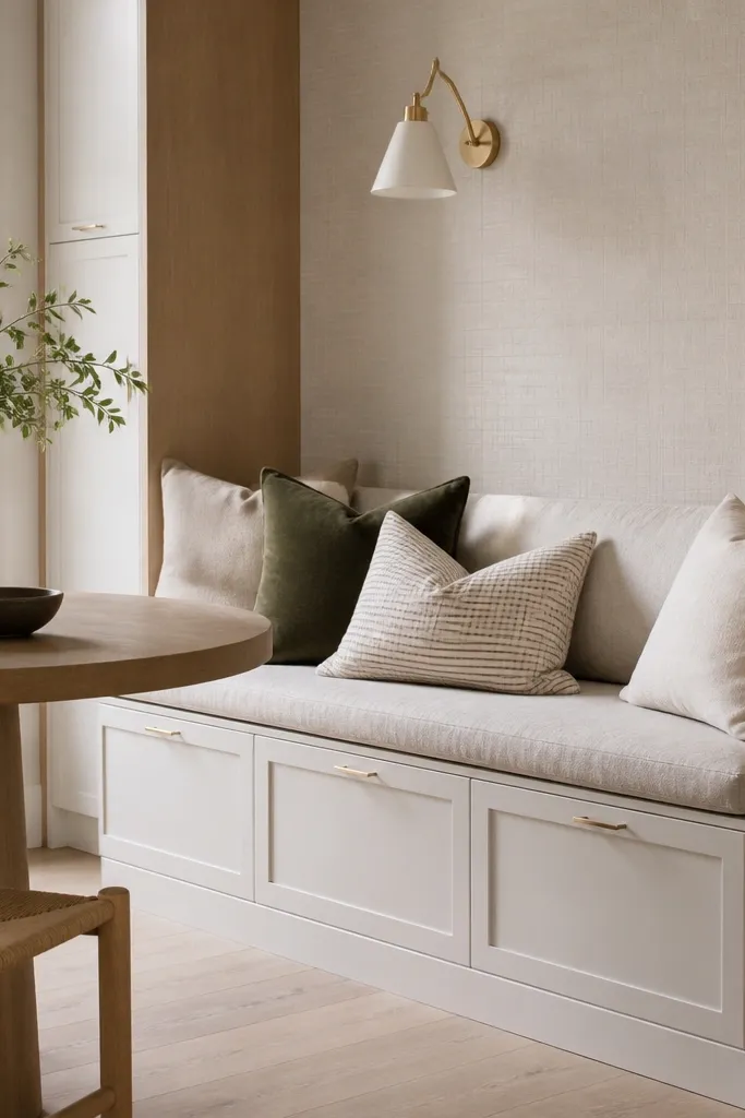 A kitchen corner has built-in cabinet seating with white cabinet fronts and rift white oak side panels. The backsplash behind the banquette is a light linen-colored tile with a subtle texture. The seat cushion is a pale oatmeal fabric.