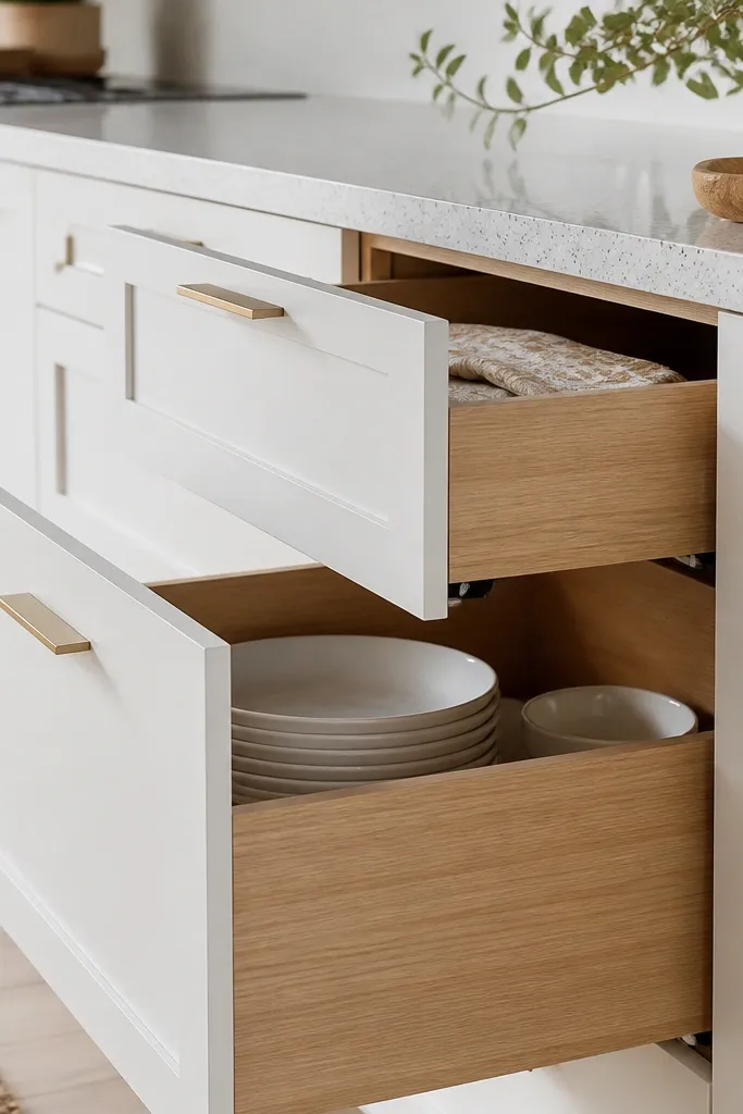 A close kitchen section with white drawer fronts and rift white oak interiors visible through open drawer. The base cabinets are white on the front face, with oak showing at the drawer sides and inside. The countertop is white with gray flecks.