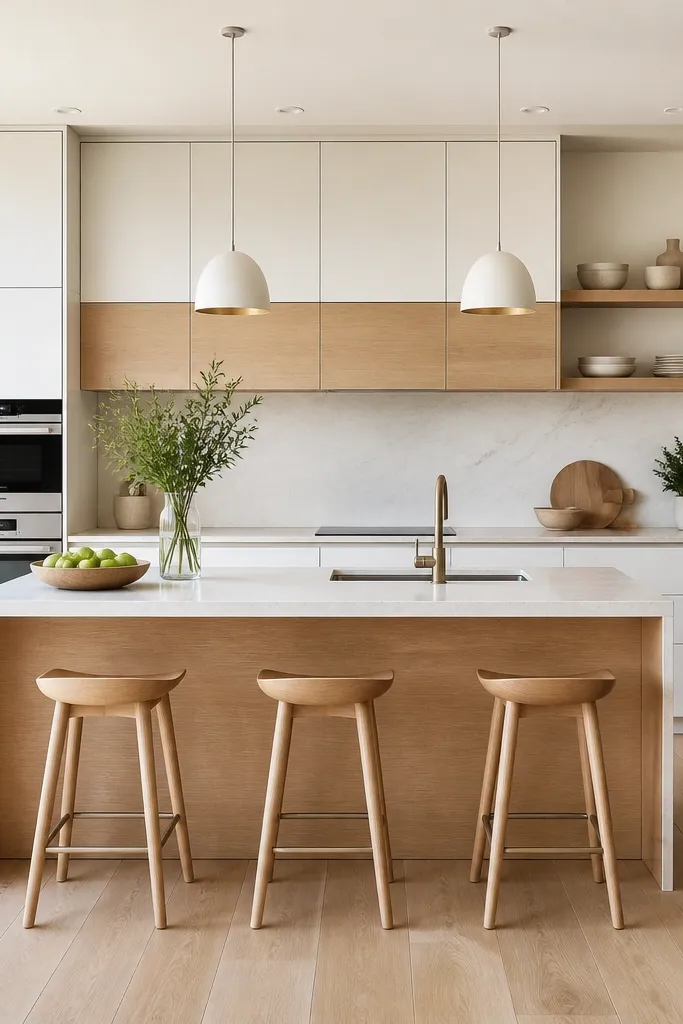 Modern white and oak kitchen cabinets for a bright kitchen