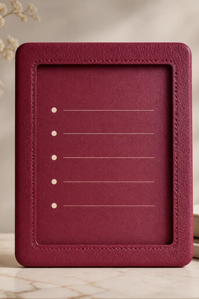 A dark berry pink widget frame with a faux leather grain texture. Inside the frame, there's a minimal list with cream text and small bullet dots.