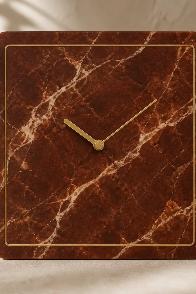 A widget background that looks like rosewood marble with pale cream veining. The widget has a thin gold line border and a centered minimalist time display.