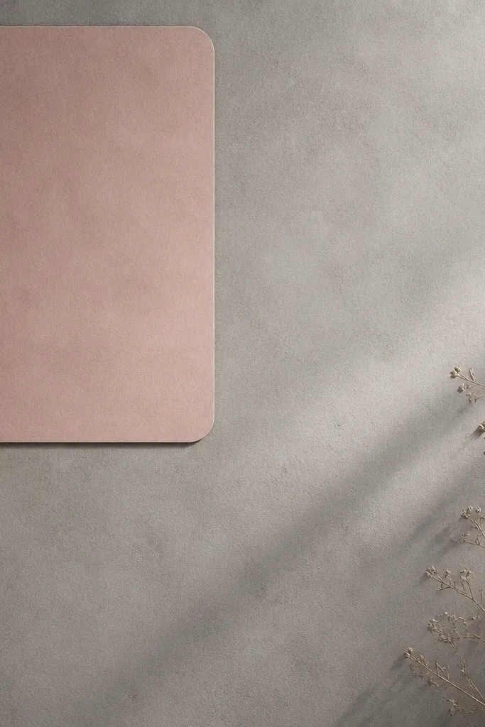 A widget with a matte concrete gray background and a blush pink block panel in the upper left. The pink block has rounded corners and the rest is minimal text in dark charcoal.