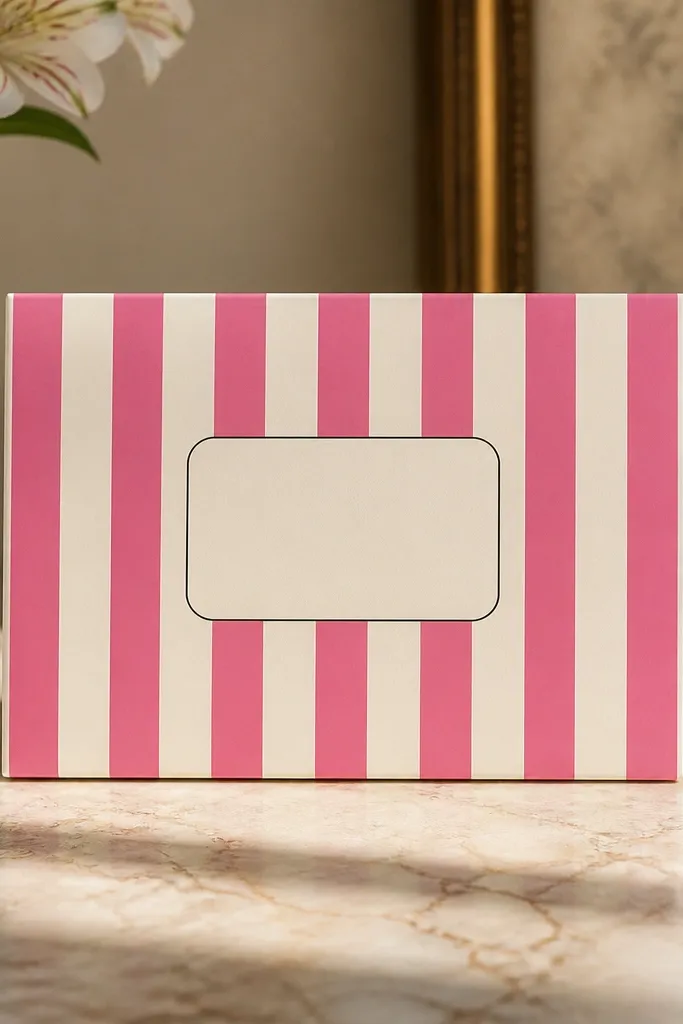 A widget with alternating deep pink and cream vertical stripes. There's a centered rectangular label with rounded corners and small black text inside.