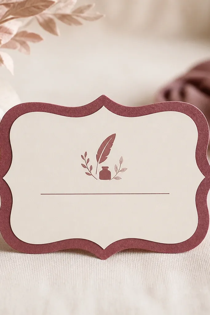 A dark rosewood pink widget with a scalloped edge border around a cream center. Inside, there's a small icon cluster and a single line of text.