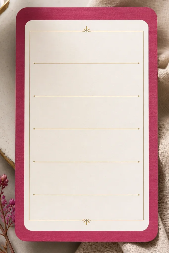 A berry pink widget designed like a menu card: a cream center panel, thin brass horizontal lines, and spaced text rows. The corners are rounded and the brass lines are crisp.