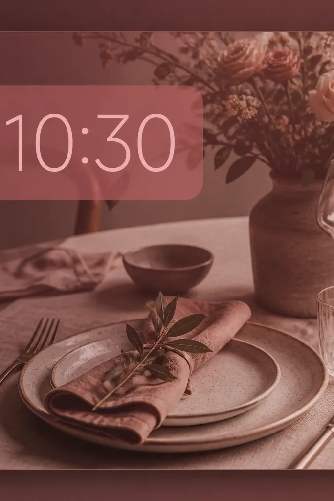 A widget showing a tinted photo of a table setting. The photo has a rosewood overlay, and there's a translucent dark pink rectangle behind the time text.