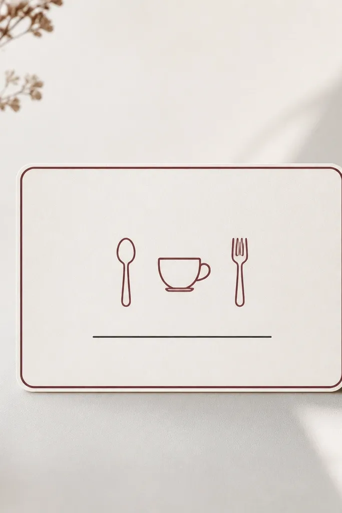 A minimalist widget with a rosewood outline border. Inside are three small outline icons (spoon, cup, fork) in rosewood, with a single line of text beneath in dark charcoal.