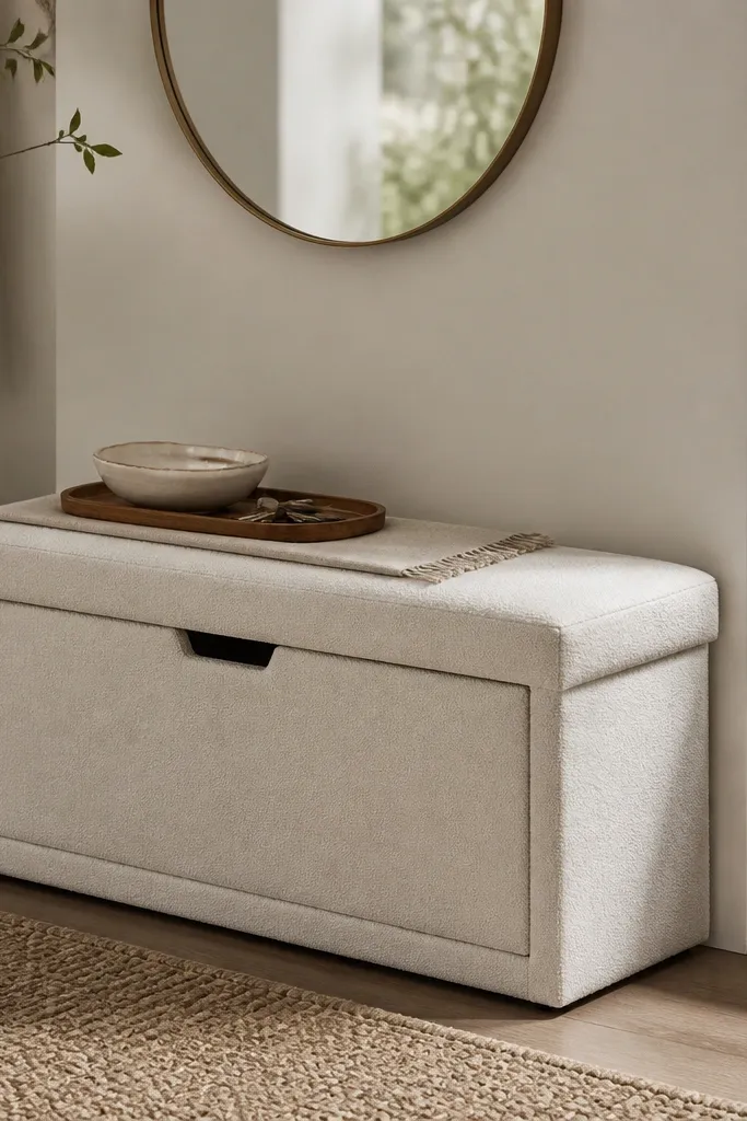 A warm white upholstered bench in a small entryway, with a hinged or drawer-style front panel for shoes. A small round mirror hangs above, and a tray sits on top with a ceramic catch-all and a folded linen runner.