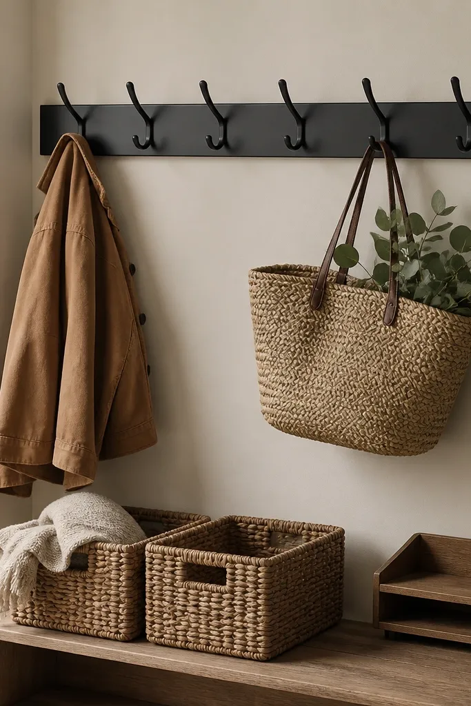 A matte black wall hook rail with six hooks. Under it, two woven baskets sit on a low shelf, and a small wooden mail tray rests on the wall shelf edge.