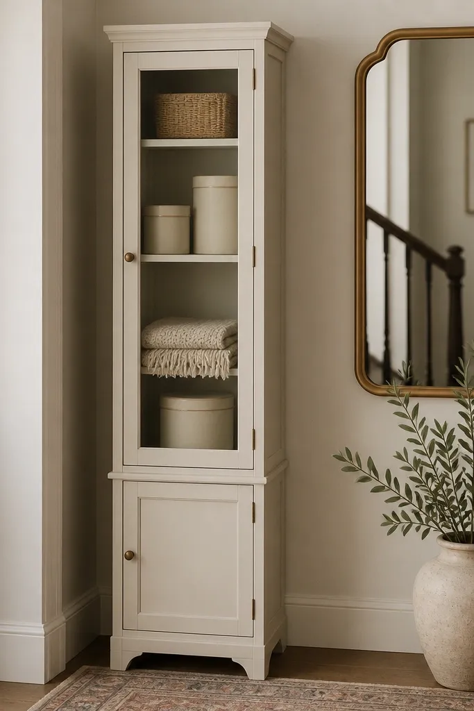 A narrow tall cabinet with a glass door in the entryway. Inside are matching storage tins and a folded throw, while the lower section has closed doors. A brass-framed mirror hangs to the side.