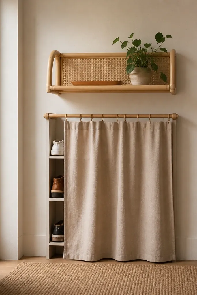 A light wood rattan shelf mounted on the wall with a small tray and a plant. Under it, a compact shoe area is covered by a soft beige curtain with a simple rod.