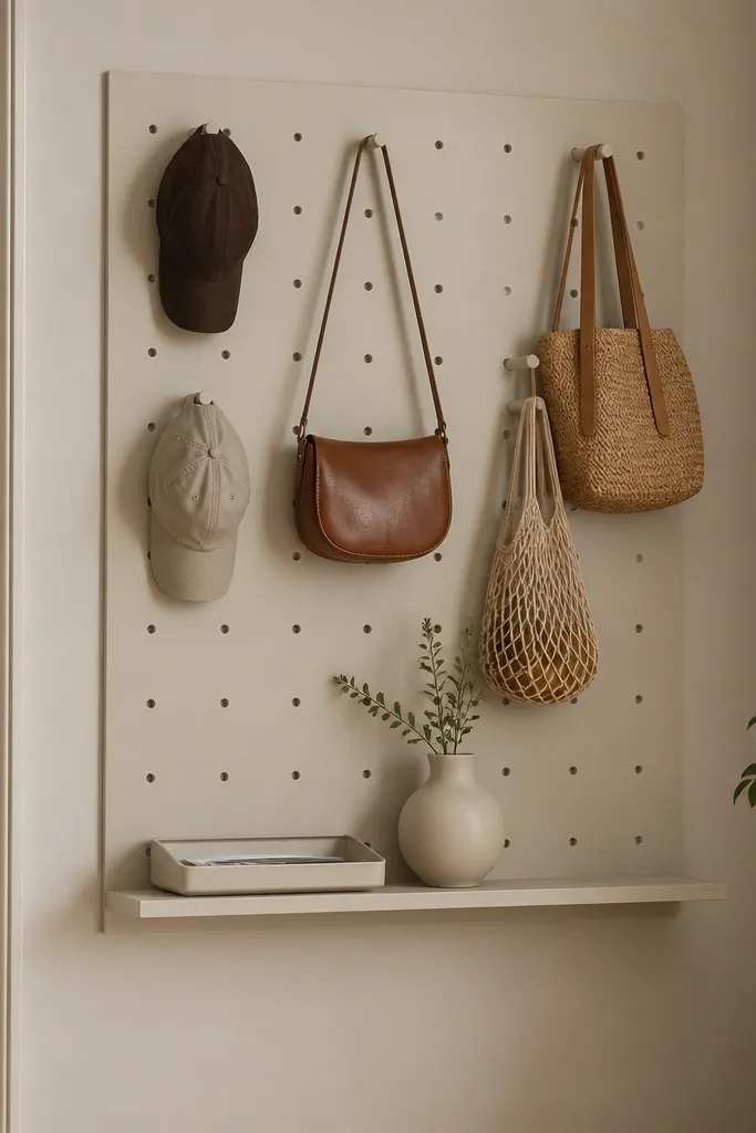 A pegboard wall painted the same color as the surrounding wall. Small hooks hold bags and a few hats, while a small ledge shelf holds a mail tray and a ceramic vase.