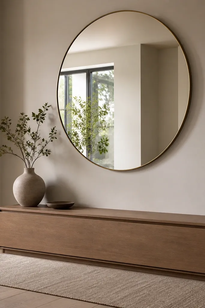 A large round mirror with a thin frame above a low bench. The bench has a smooth front panel that hides storage, and a neutral runner lies along the wall behind the bench.