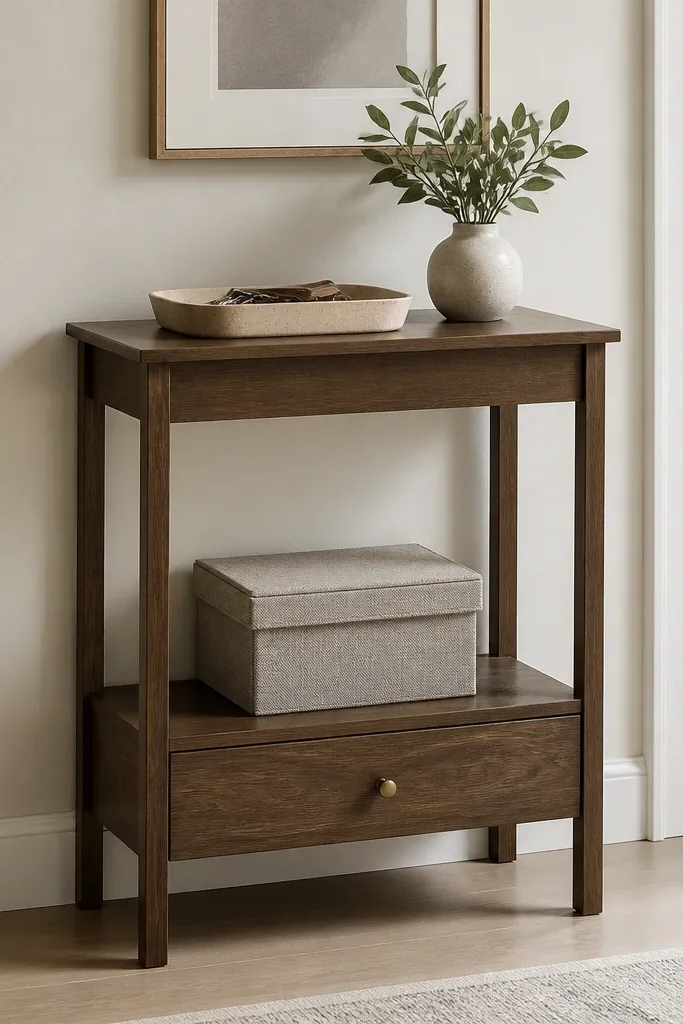 A slim entry table with a drawer on the bottom and a second shelf. On top are a catch-all tray and a small vase, while the lower shelf holds a closed bin.