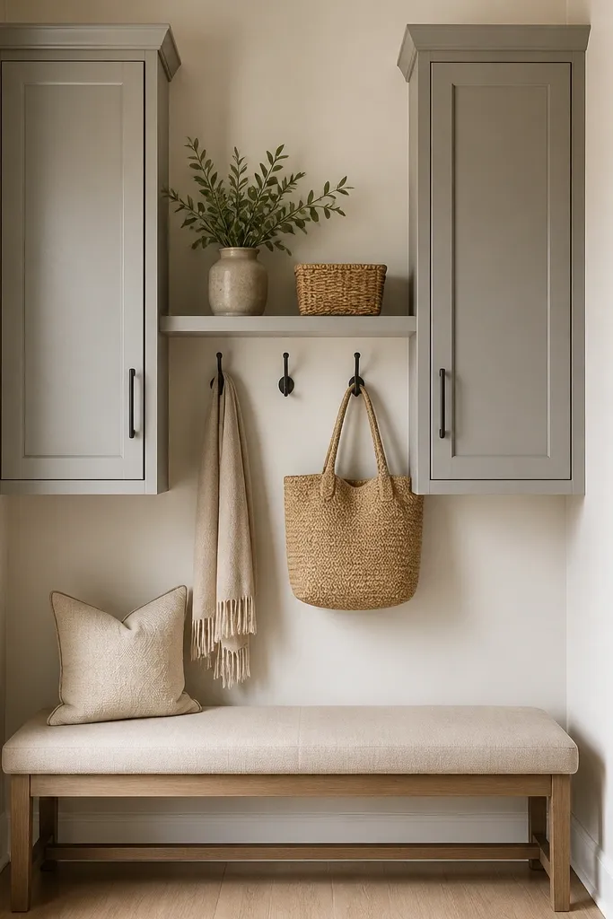 Two narrow wall cabinets separated by a small open shelf. Hooks are mounted under the open shelf, and a small bench sits below.