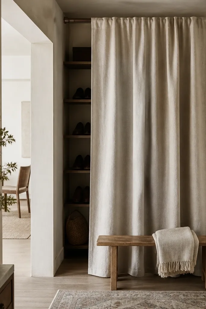 A shoe area tucked into the corner covered by a neutral linen curtain. A narrow rod spans the nook, and a small bench sits in front with a folded throw on top.