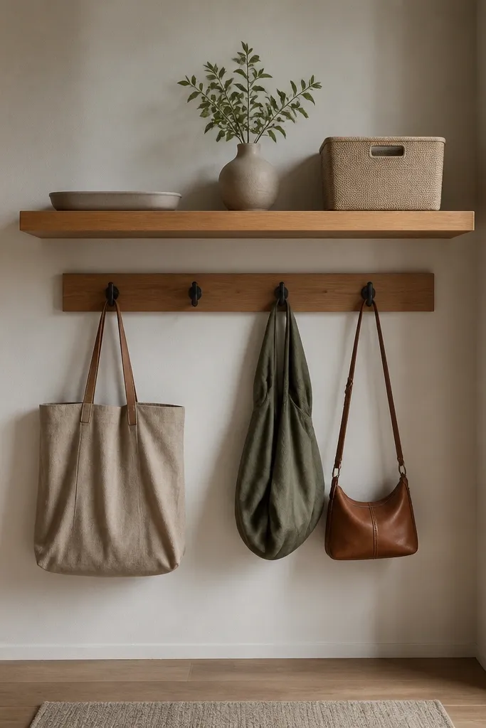A floating wood shelf with a matte ceramic tray, a small vase, and a labeled bin. Below, a row of hooks holds bags, and the floor stays clear.