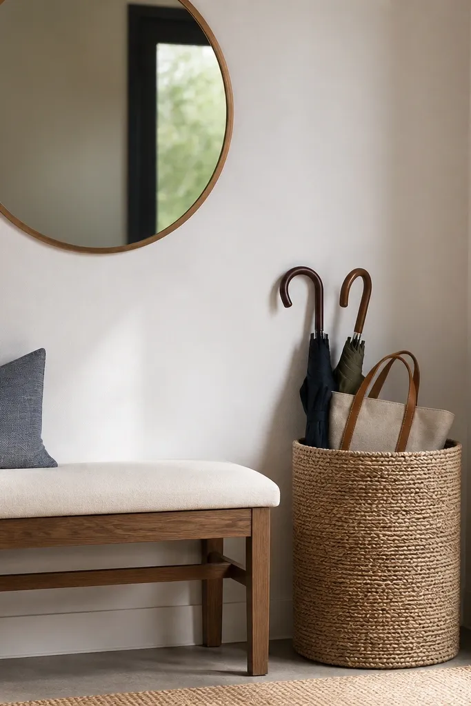 A simple cushioned bench with a tall woven basket beside it. The basket holds folded umbrellas and tote bags, while a small mirror hangs above.