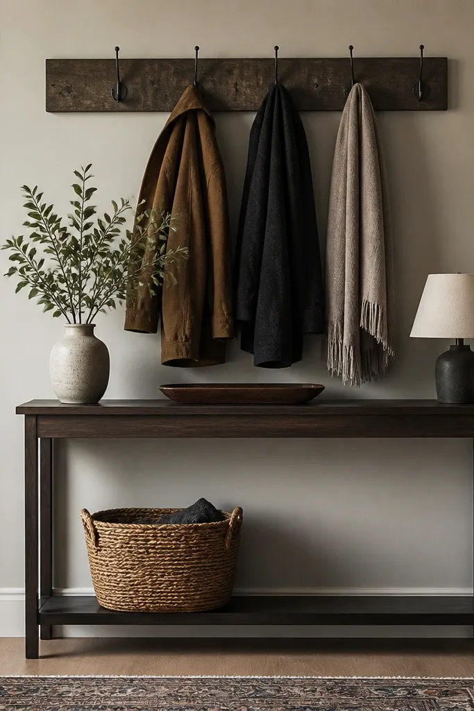 A slim console table with a mounted coat rack above or behind it. Coats hang neatly on the rack, and the console has a centered tray and a small lamp.