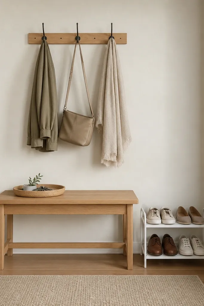 A slim entryway wall with a 48-inch long wooden bench (light oak) and a white two-tier metal shoe rack beside it. Above the bench is a simple rail with three hooks. A small tray sits on the bench top.