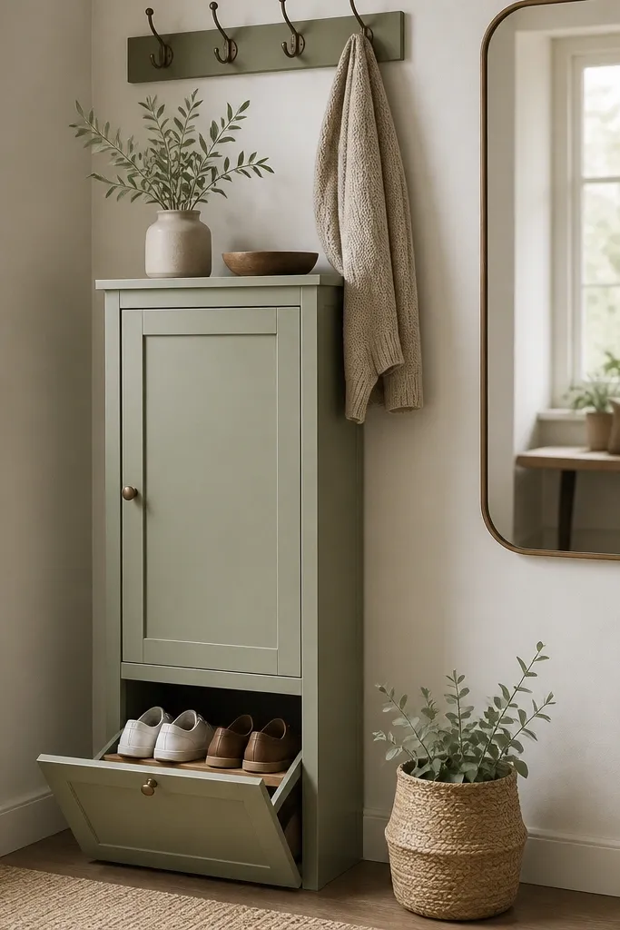 A tall narrow cabinet painted soft sage with a door on top and a pull-out shelf for shoes below. A row of hooks is mounted above the cabinet, and a small wall mirror hangs to the right.