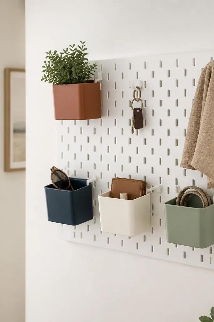 A white pegboard mounted on an entry wall with adjustable hooks. Four small square bins hang from the pegboard rails, each in a different color: terracotta, navy, cream, and sage.