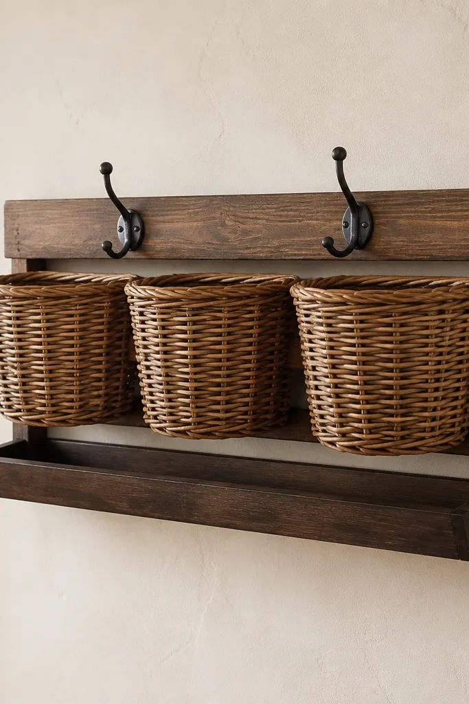 A wall-mounted row of three wicker baskets on a wooden rail. Under the baskets is a long solid tray (dark stained wood) that catches drips. Two coat hooks sit above the baskets.
