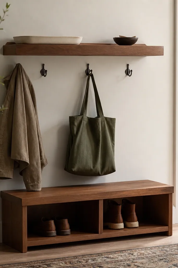 A floating shelf at about 36 inches high with a white ceramic tray and a small catchall. Under it is a low boot shelf with two compartments. Hooks are mounted on the wall beneath the shelf.