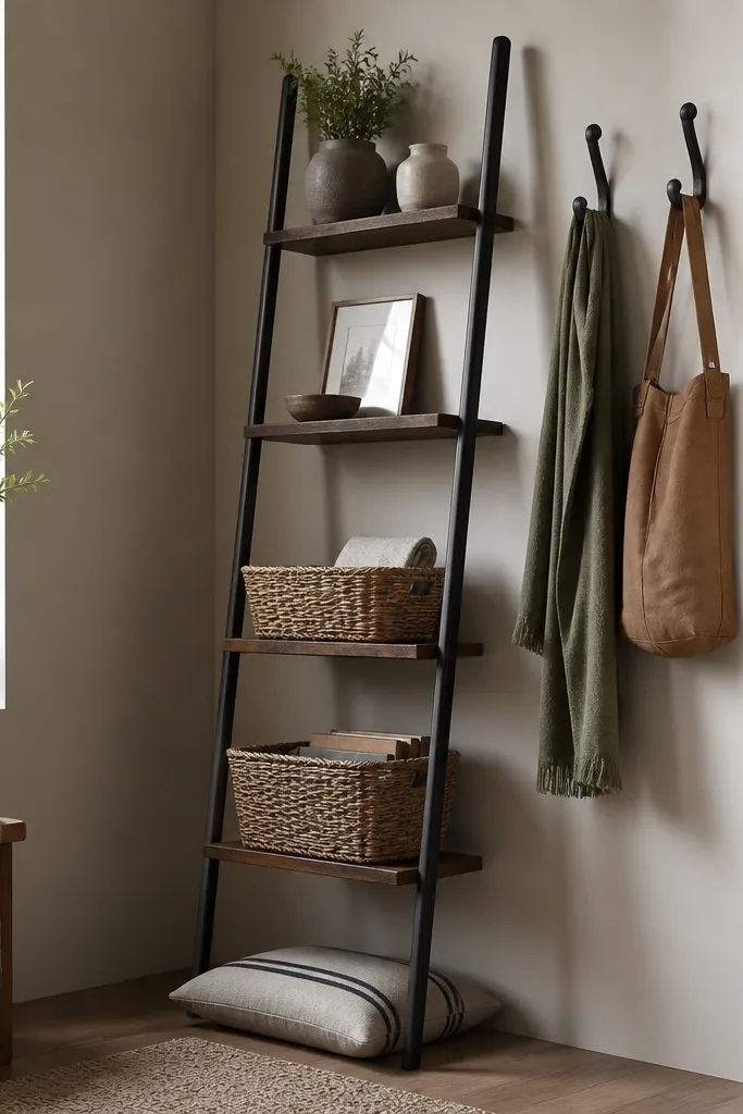 A narrow corner has a leaning ladder shelf in black metal with wooden steps. Hooks hang on the wall behind the ladder. Two baskets sit on lower rungs and a small bench cushion rests near the base.