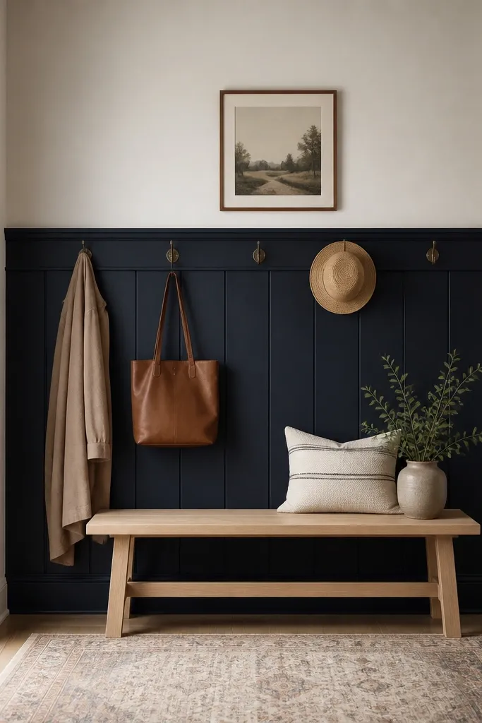 A small entry has a dark navy lower wall panel and a warm white upper wall. Hooks are mounted on the navy section. A pale wood bench sits in front, and a light rug anchors the area.