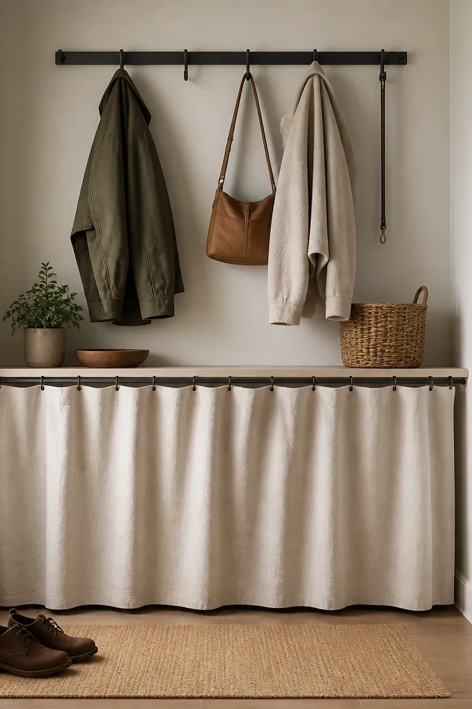 A simple wall-mounted metal rail with hooks for coats. Below is a tension rod with a canvas curtain panel that hides a row of bag storage bins. A small shoe mat sits at the floor.