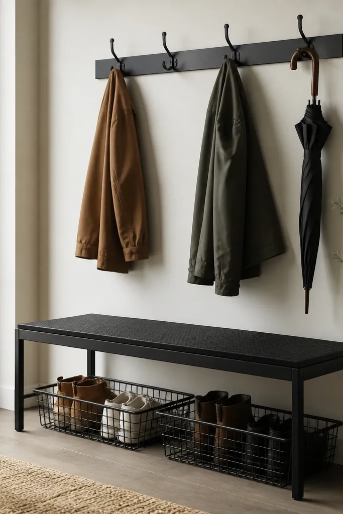 A black metal bench with a rubber mat surface. Under the bench are two wire baskets for shoes. A wall hook rail above holds coats and an umbrella.