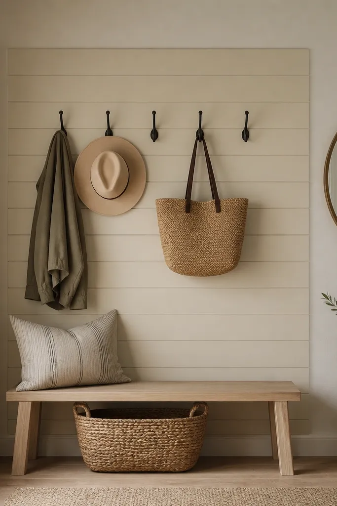A peel-and-stick shiplap-style panel mounted behind a row of hooks. The panel is light beige. A small bench with a woven basket sits below, and a round mirror hangs to the right.