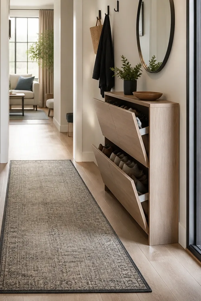 A runner rug from front door inward. At the doorline is a shallow shoe cabinet with flip doors. Above it is a mirror and hooks. The rug has a low pile and dark border.