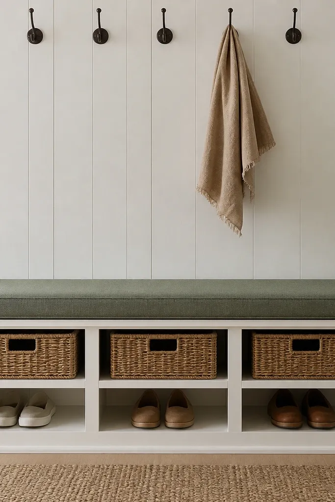 A wall of three cubby units painted white. Two lower cubbies hold shoes, and upper cubbies hold baskets. A bench cushion sits on top with a removable cover in a muted green fabric. Hooks are mounted above.