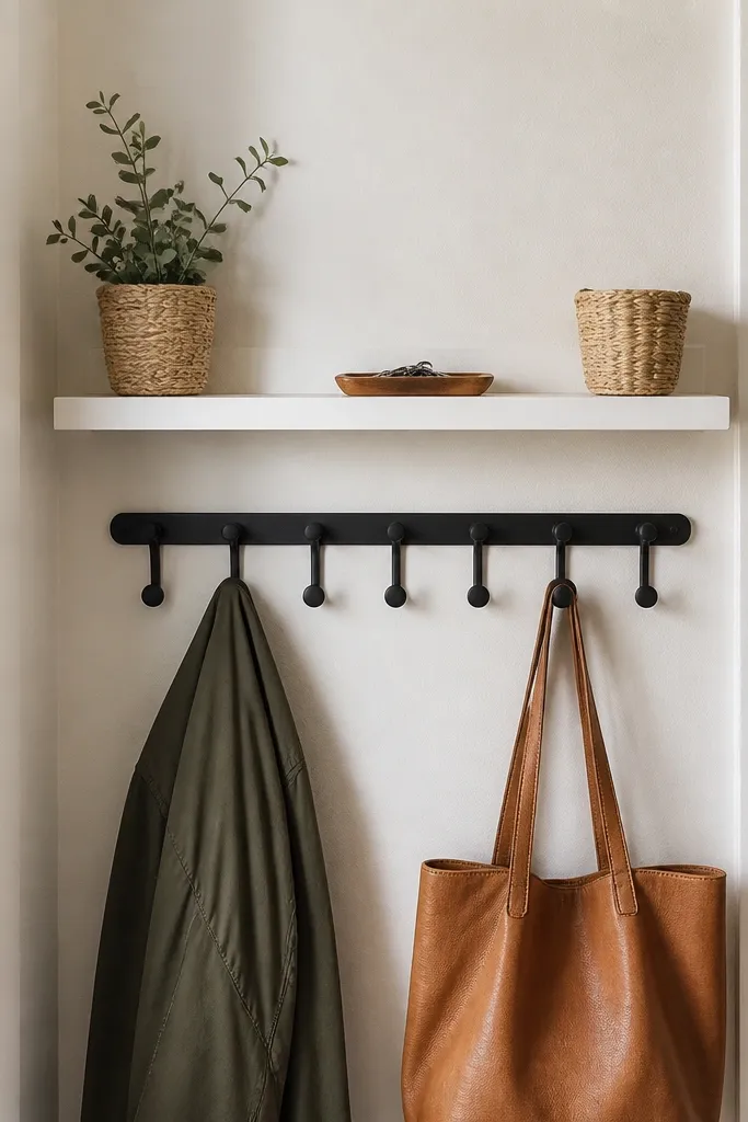 A narrow entryway wall with a 30-inch long floating shelf in white, a matte black double-row hook bar beneath it, and two small woven baskets on the shelf ends. A small tray sits on the shelf edge for keys.