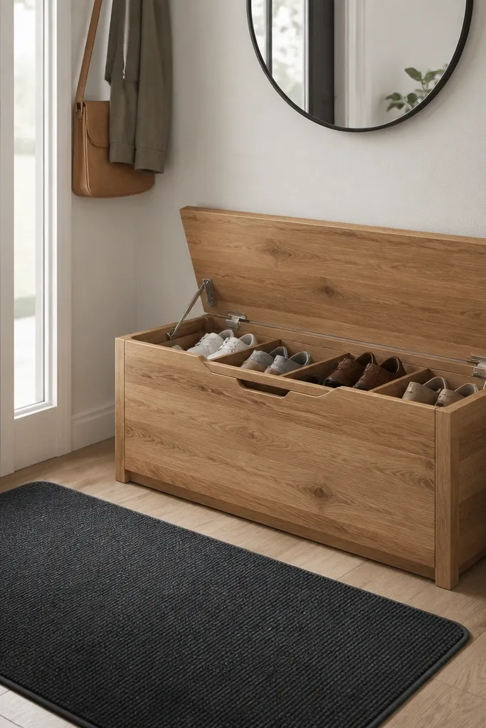 A compact entry bench with a hinged top revealing shoe compartments, a dark gray washable mat on the floor, and a small wall mirror above the bench.