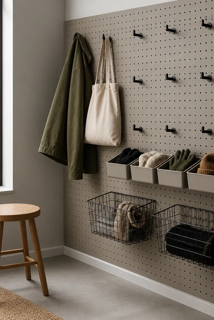 A pegboard panel in a corner with evenly spaced hooks, two wire baskets mounted low, and a row of small plastic bins for gloves and hats. A stool sits nearby.