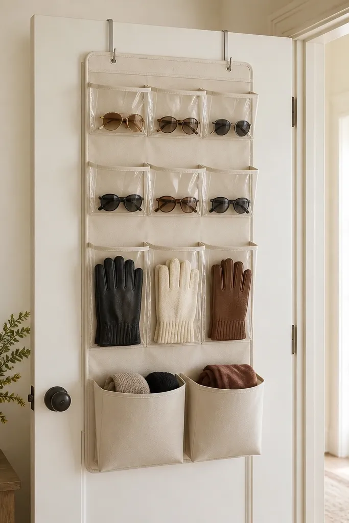 An over-the-door hanging organizer with clear pockets for sunglasses and gloves, plus a bottom section with two fabric pouches. It's on the back of the entry door.