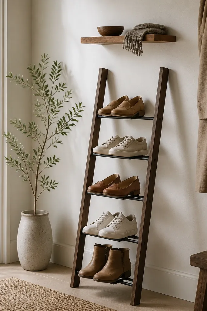 A slim ladder-style shoe rack leaning against the wall, with each rung holding a pair. Above it, a small wall shelf holds a key bowl and a folded scarf.