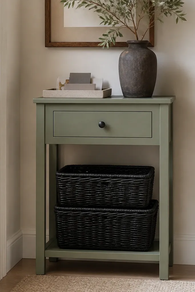 A 30-inch-wide console table painted sage green with a pull-out drawer. On top: a tray for mail. Below: two stacked baskets in black on the lower shelf.
